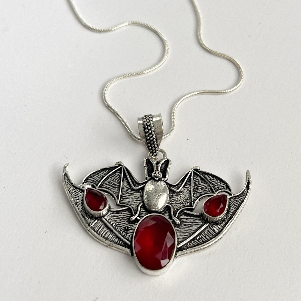 Garnet 925 Sterling Silver BAT Necklace Handmade Gemstone womens Jewelry goth